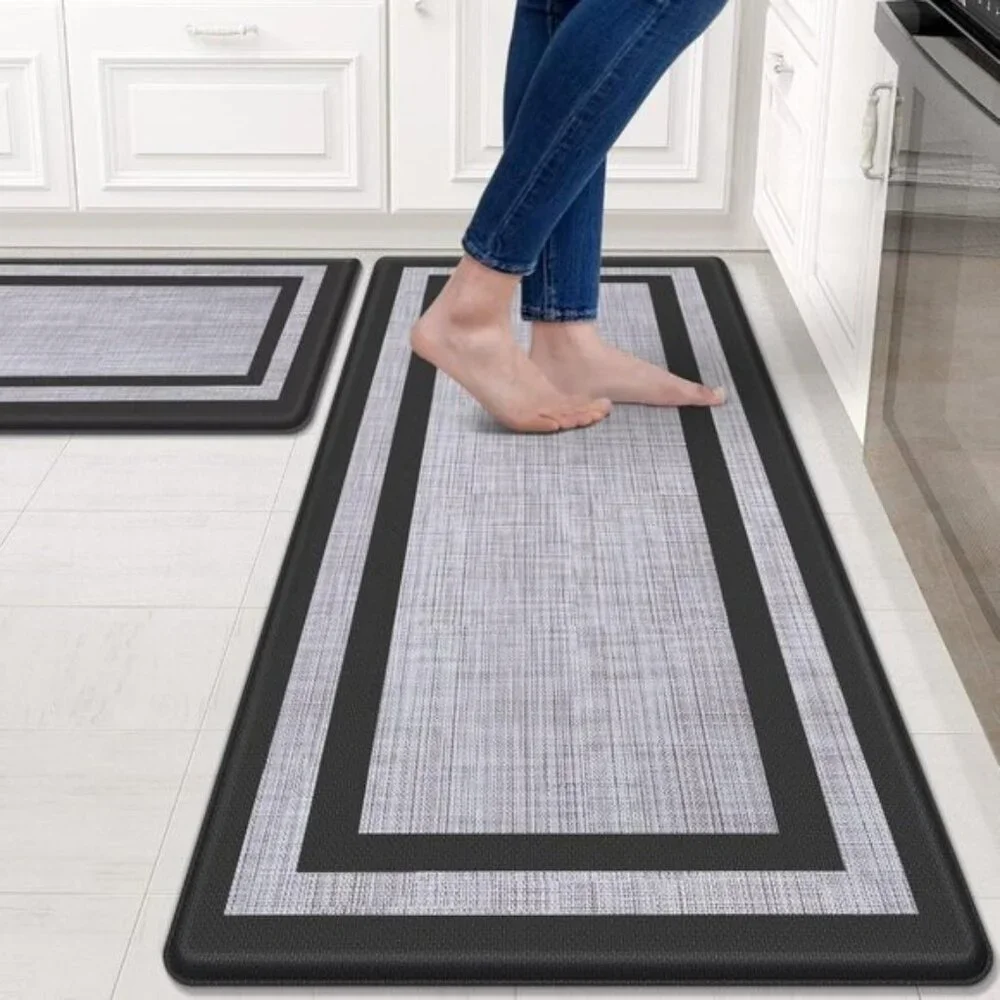 2 Pcs Cushioned Anti-Fatigue Kitchen Mats, Non-Skid Waterproof Rugs, Black/Gray